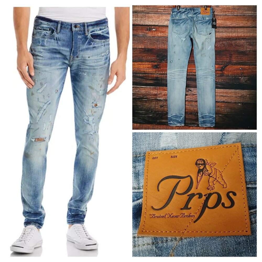 NWT PRPS Jeans Mens 30 Micaiah Skinny Distressed Paint Splatter 33.5" Inseam